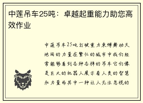 中莲吊车25吨：卓越起重能力助您高效作业